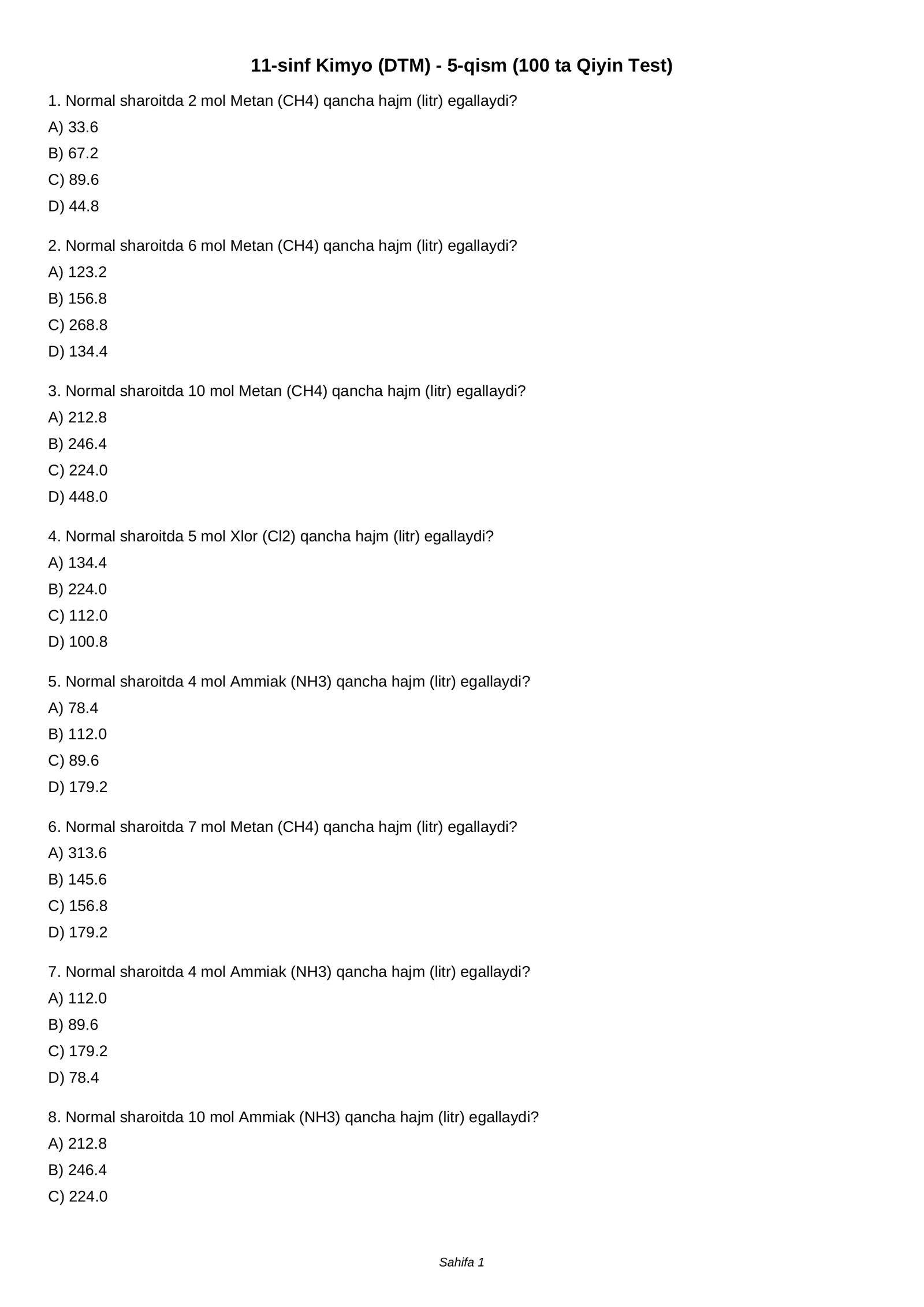 11-sinf Kimyo (DTM) - 5-qism (100 ta Qiyin Test)