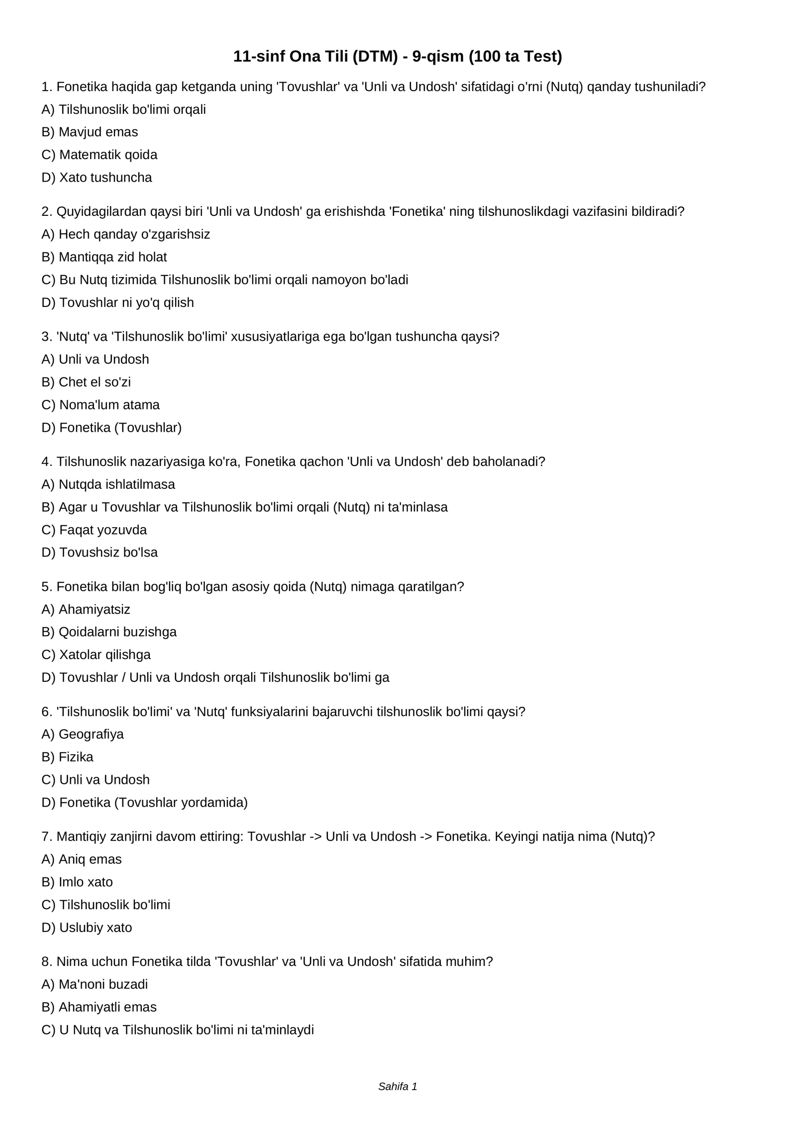 11-sinf Ona Tili (DTM) - 9-qism (100 ta Test)