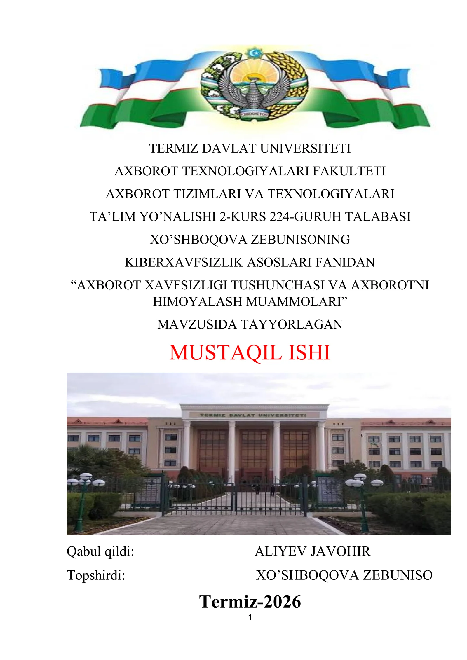 AXBOROT XAVFSIZLIGI TUSHUNCHASI VA AXBOROTNI HIMOYALASH MUAMMOLARI