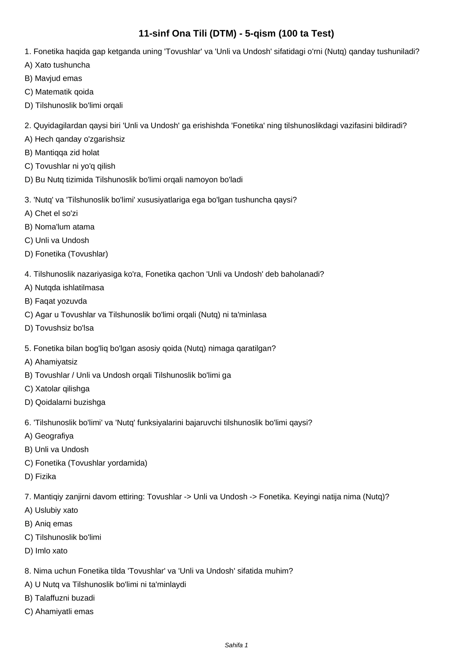 11-sinf Ona Tili (DTM) - 5-qism (100 ta Test)