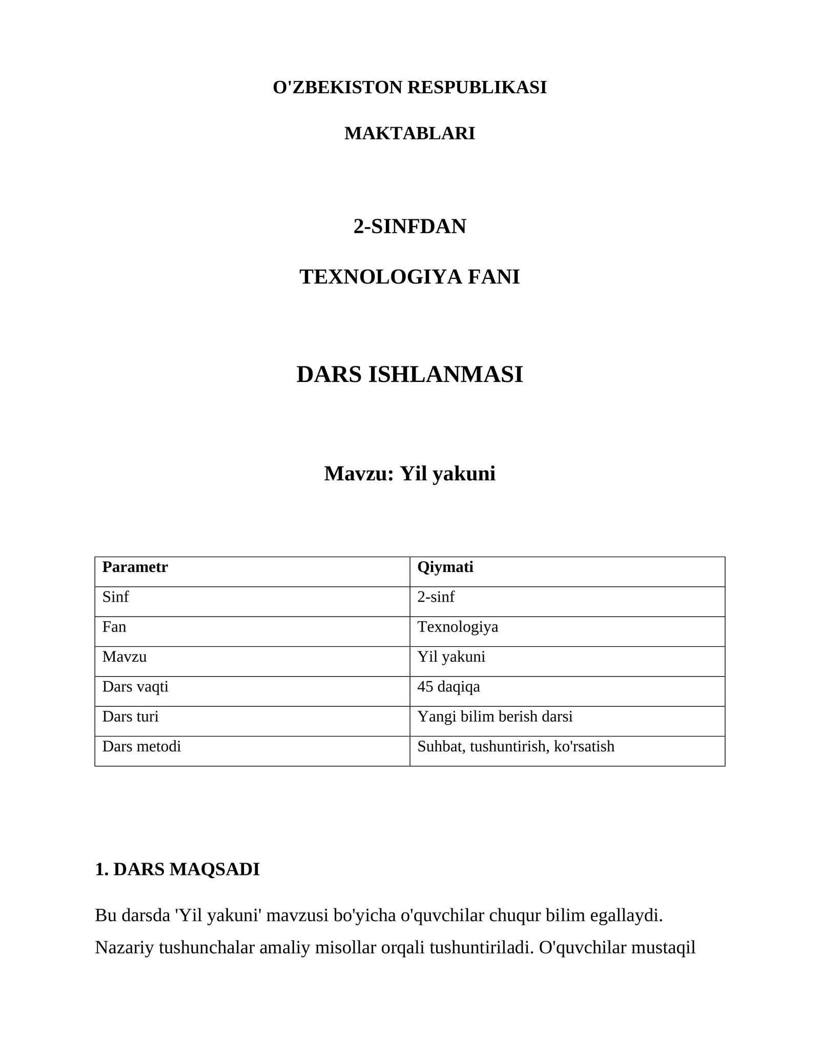 TEXNOLOGIYA FANI DARS ISHLANMASI