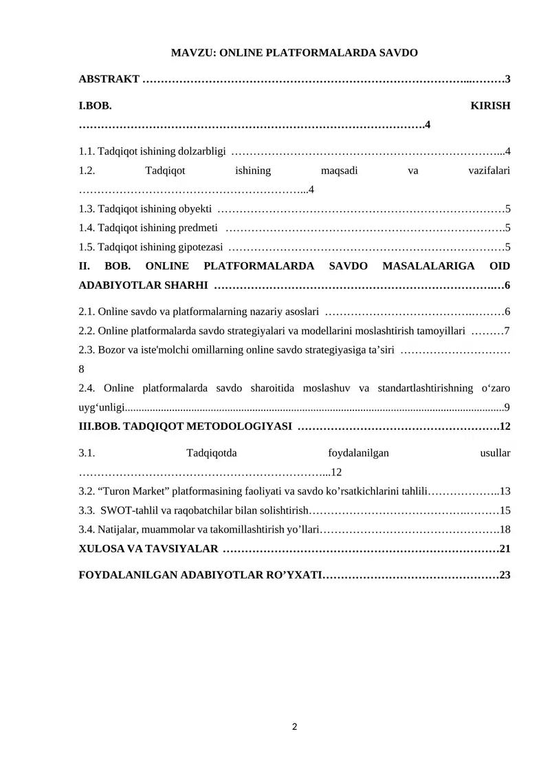 Online platformalarda savdo. TADQIQOT ISHI