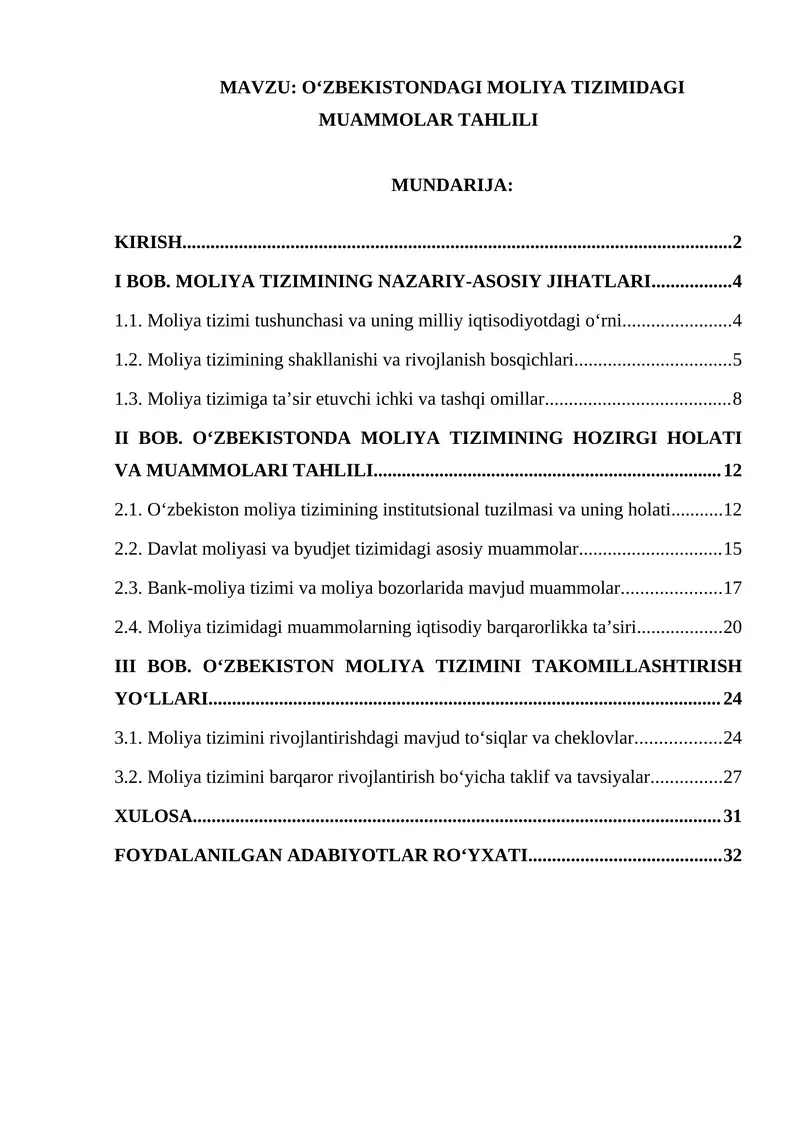 O‘ZBEKISTONDAGI MOLIYA TIZIMIDAGI MUAMMOLAR TAHLILI