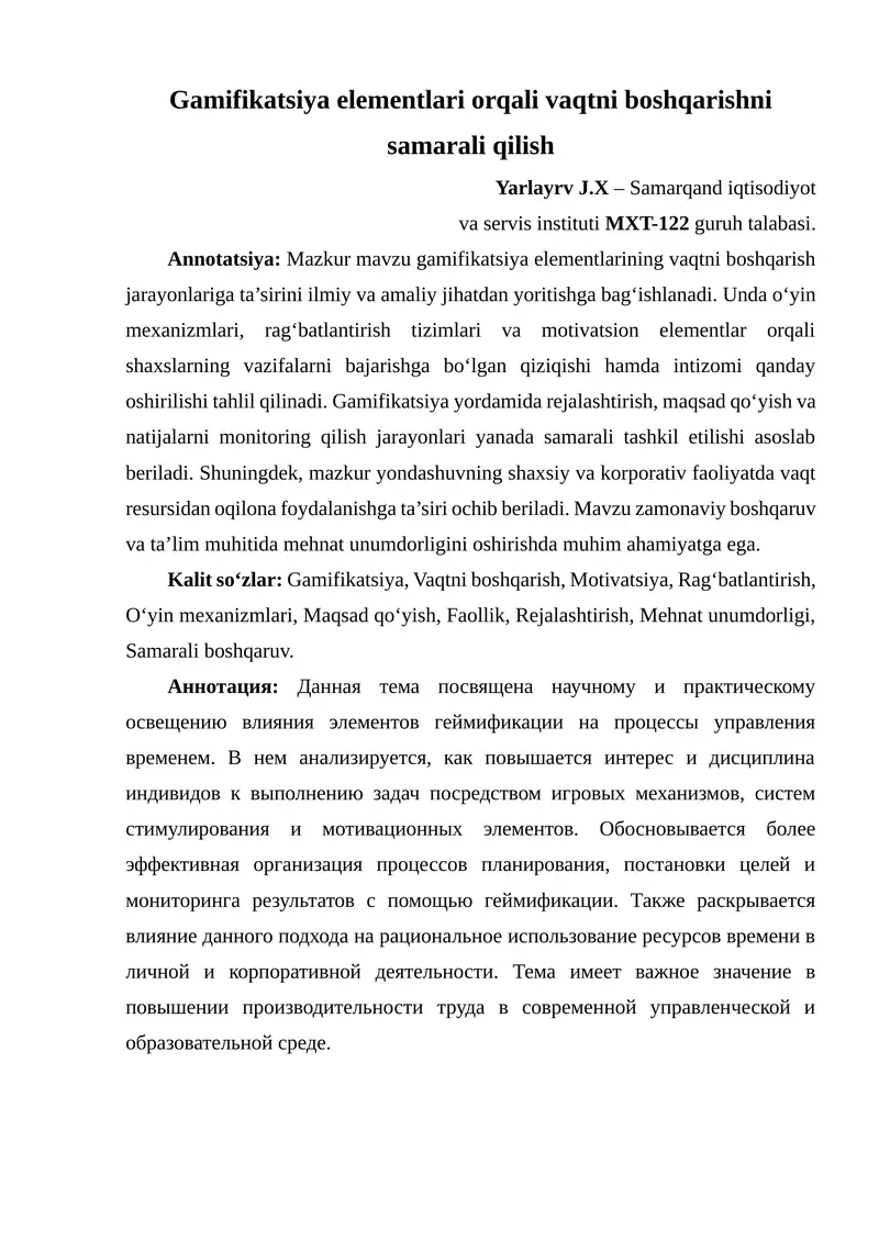 Gamifikatsiya elementlari orqali vaqtni boshqarishni samarali qilish