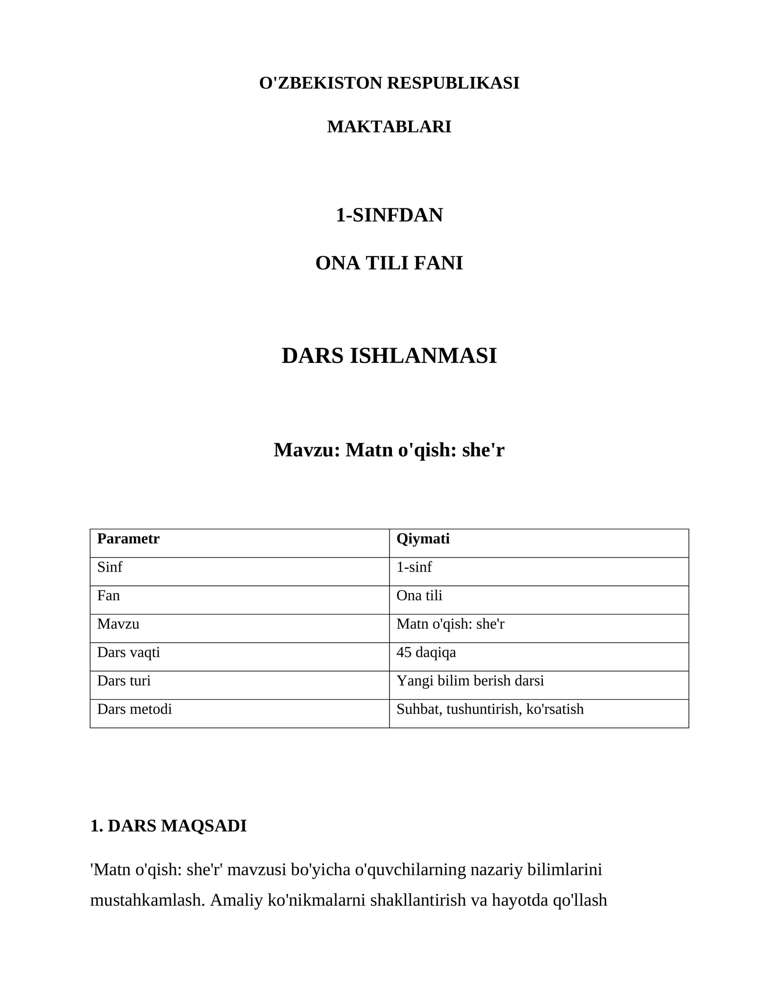 Matn o'qish: she'r DARS ISHLANMASI