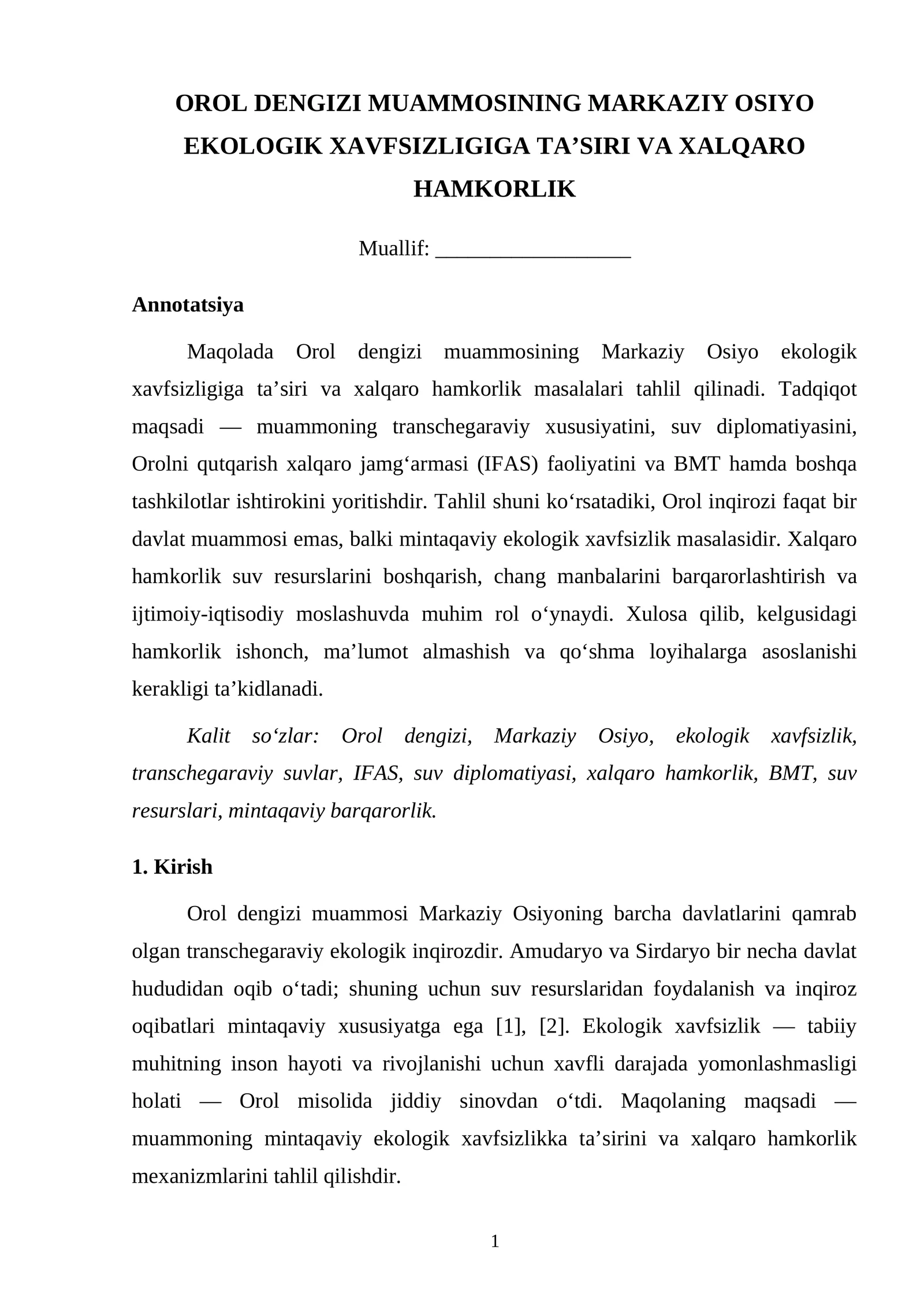 OROLBO‘YI HUDUDIDA EKOLOGIK MUAMMOLARNI KAMAYTIRISH VA TABIIY MUHITNI TIKLASH CHORALARI