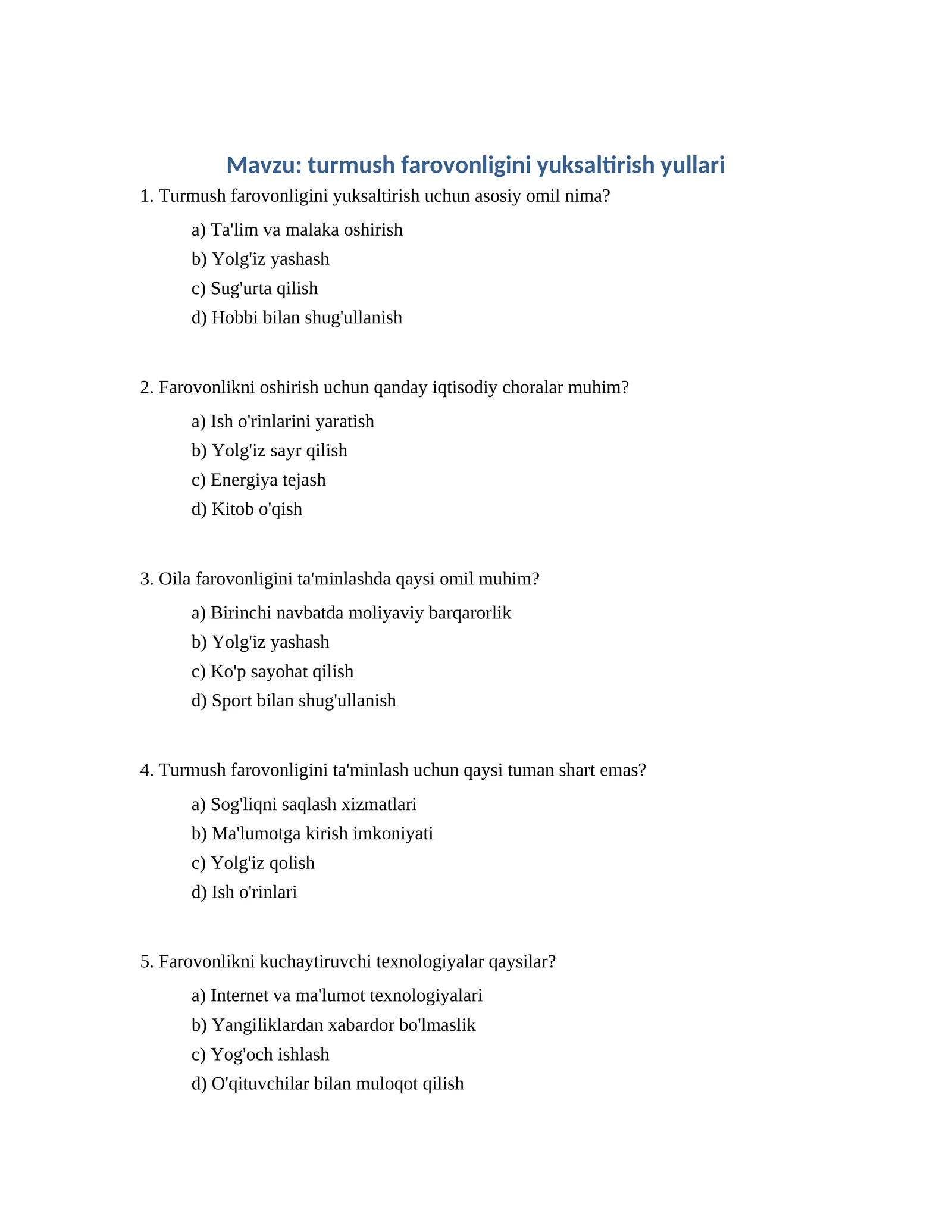 turmush farovonligini yuksaltirish yullari