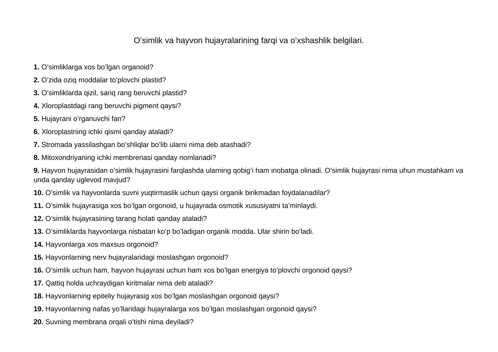 O’simlik va hayvon hujayralarining farqi va o’xshashlik belgilari krossword