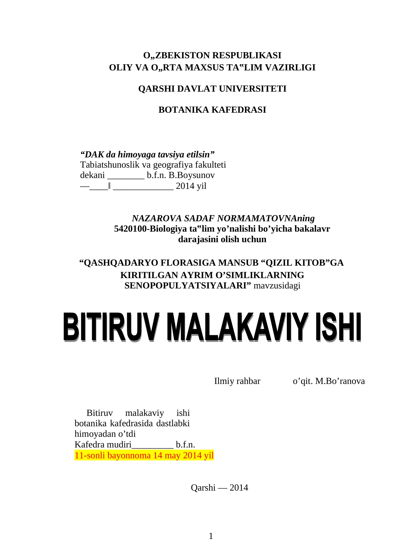 "QASHQADARYO FLORASIGA MANSUB "QIZIL KITOB"GA KIRITILGAN AYRIM O'SIMLIKLARNING SENOPOPULYATSIYALARI"