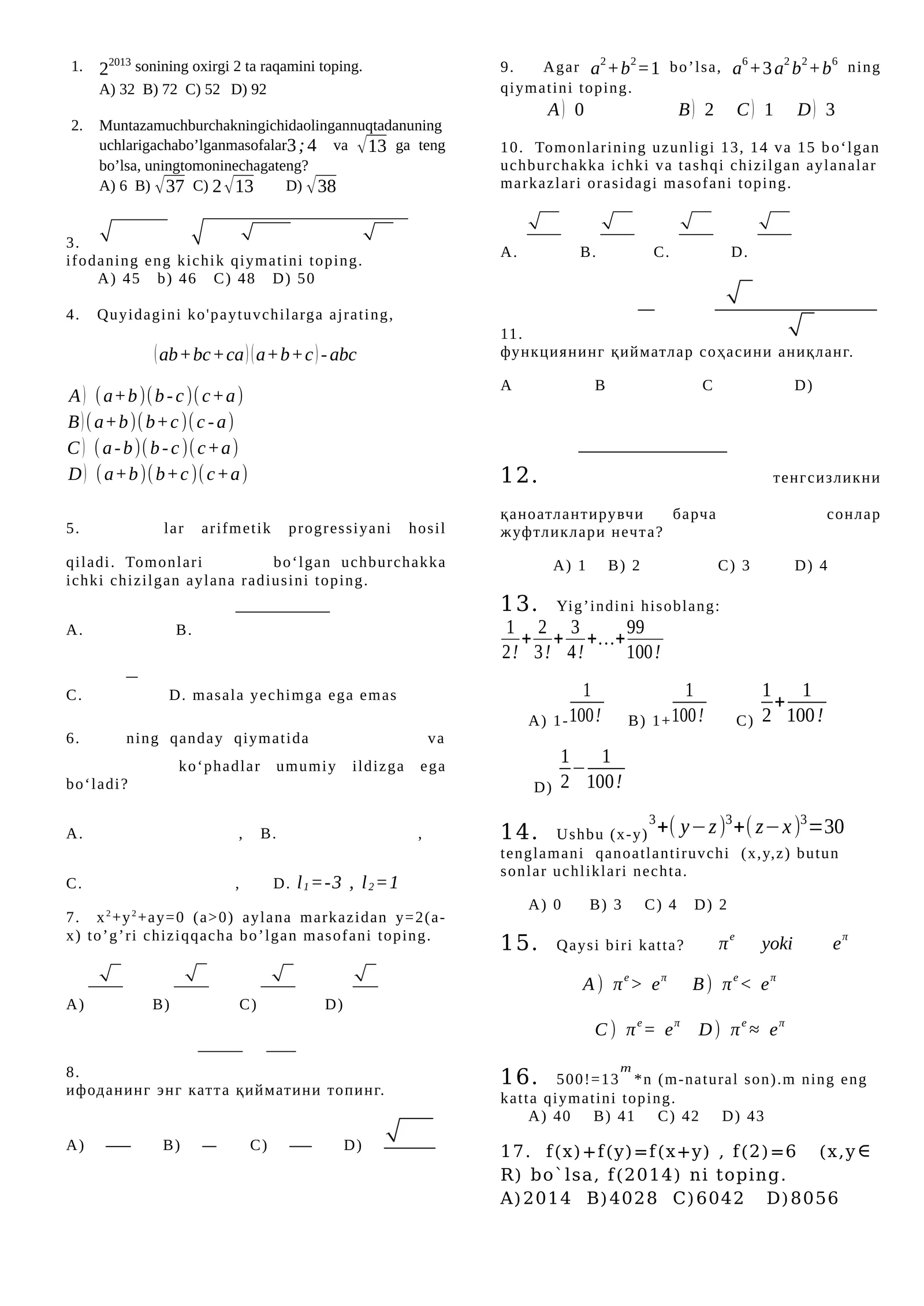 Matematika fanidan olimpiadaga tayyorlanayotganlar uchun test