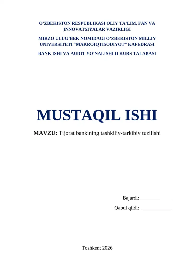 Tijorat bankining tashkiliy-tarkibiy tuzilishi