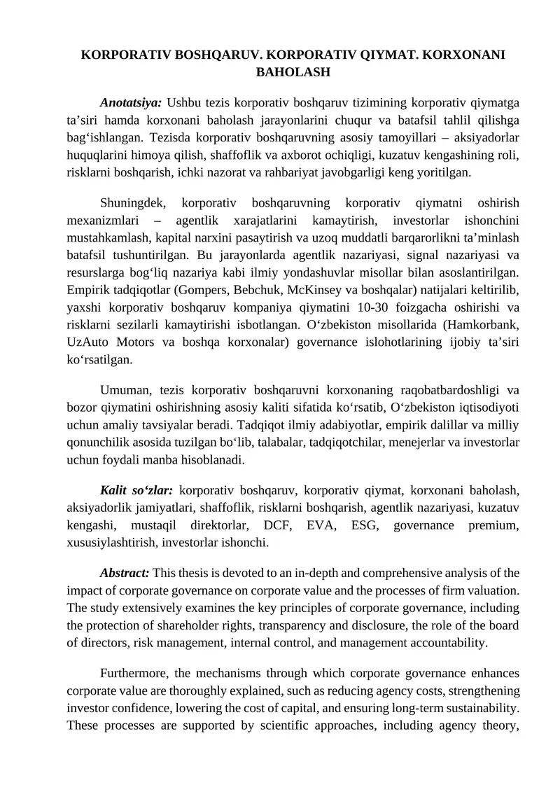 Korporativ boshqaruv. Korporativ qiymat. Korxonani baholash tezis