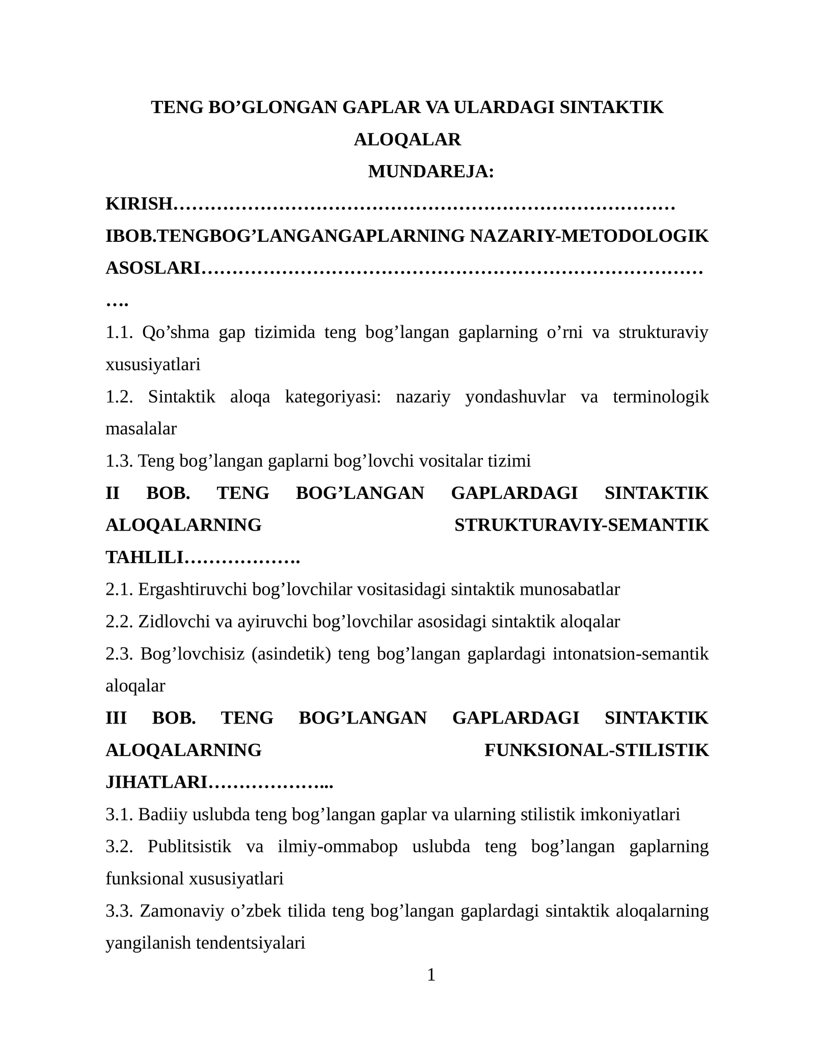 TENG BO’GLONGAN GAPLAR VA ULARDAGI SINTAKTIK ALOQALAR