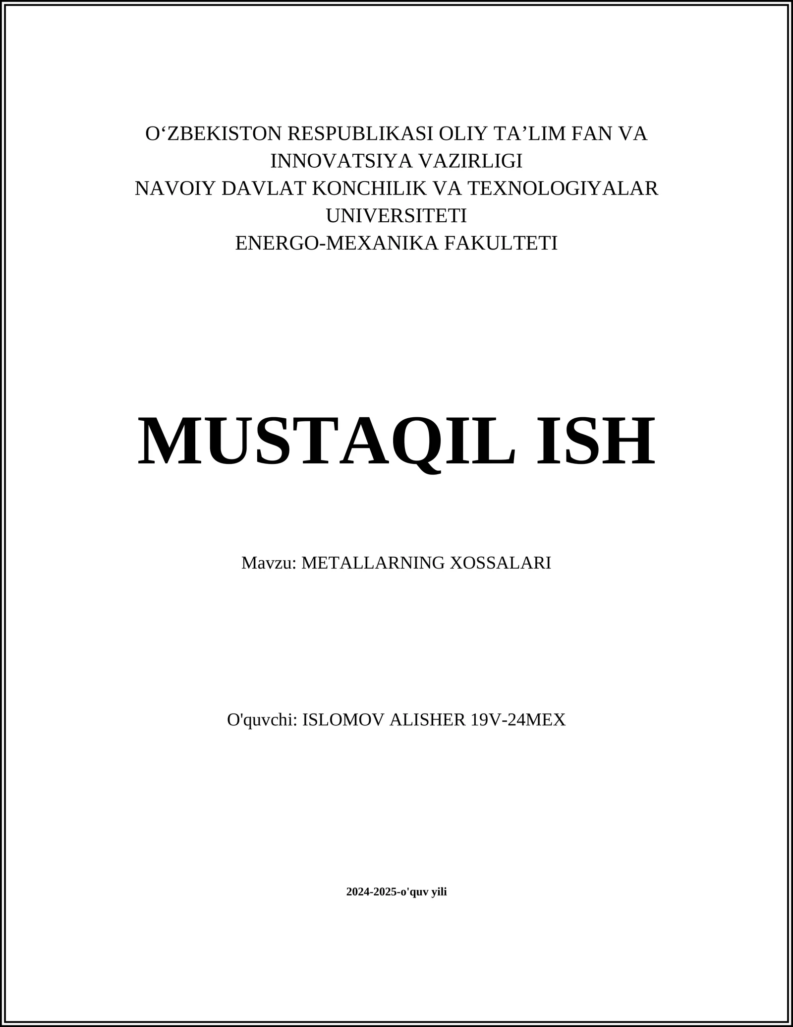 METALLARNING XOSSALARI