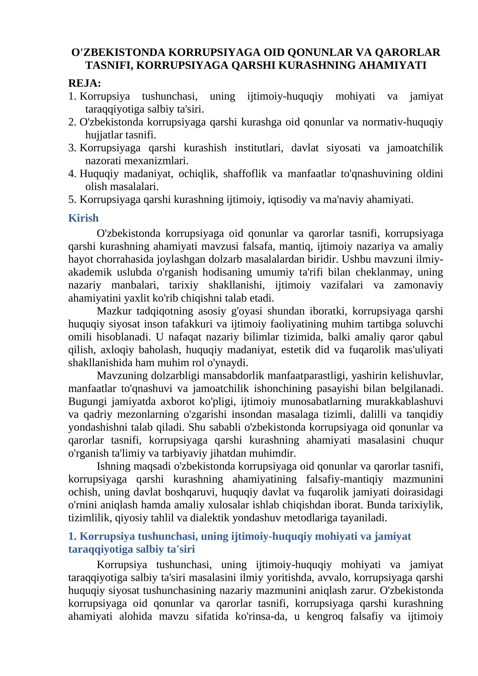O'ZBEKISTONDA KORRUPSIYAGA OID QONUNLAR VA QARORLAR TASNIFI, KORRUPSIYAGA QARSHI KURASHNING AHAMIYATI