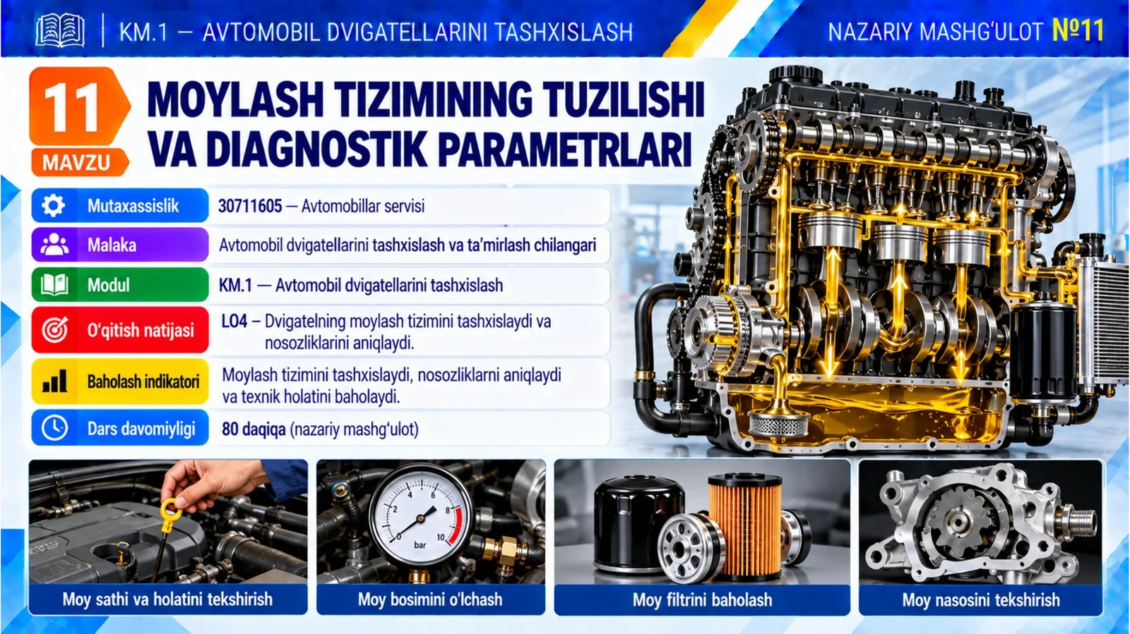 KM1_11-mavzu. Moylash tizimining tuzilishi va diagnostik parametrlari
