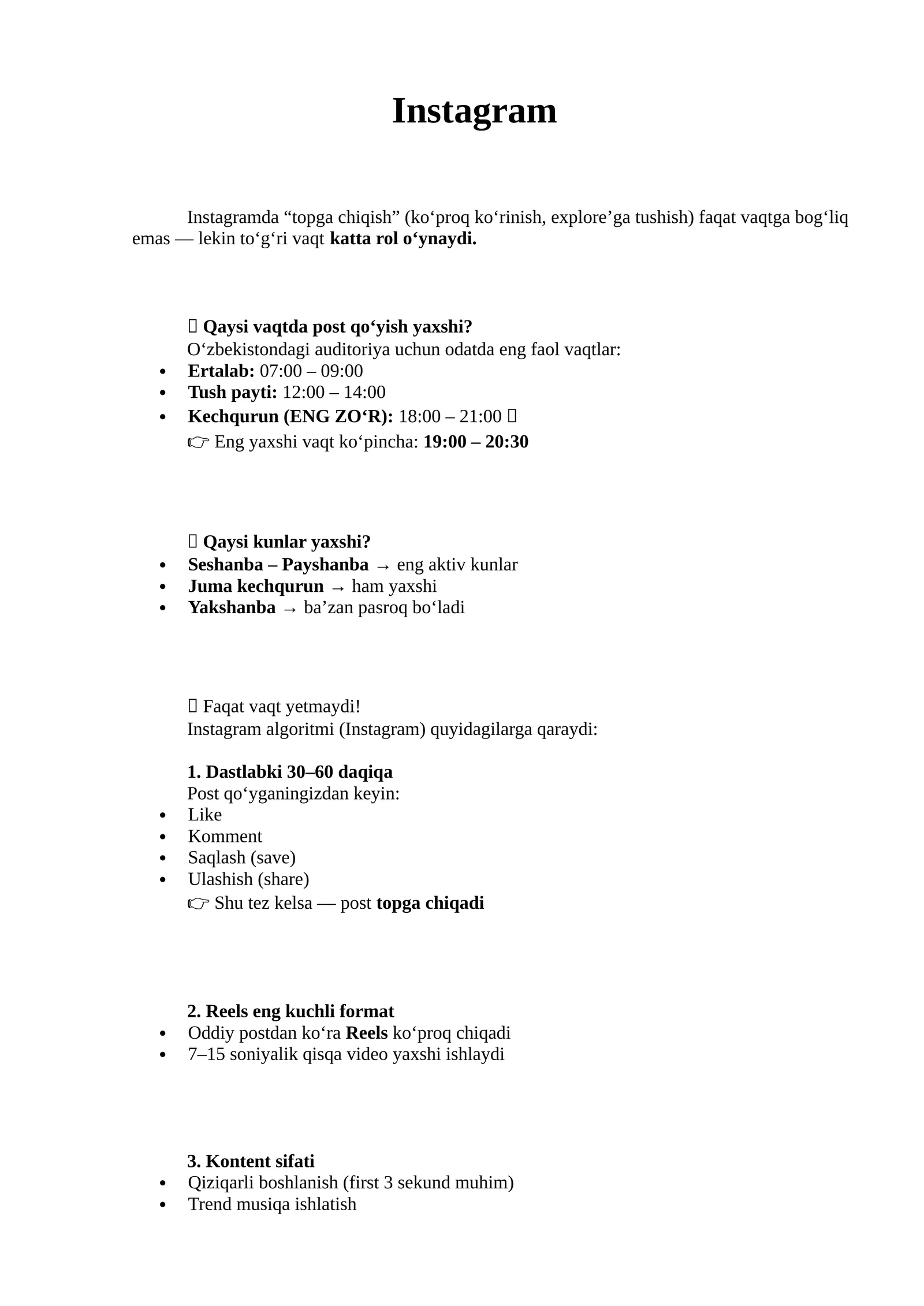 Instagramda TOPga chiqish siri (2026)