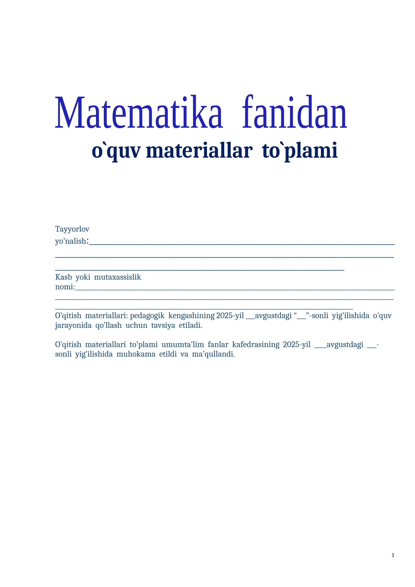 Matemetika fanidan o'qitish materiallari (2-kurs texnikum va kollejlar uchun)