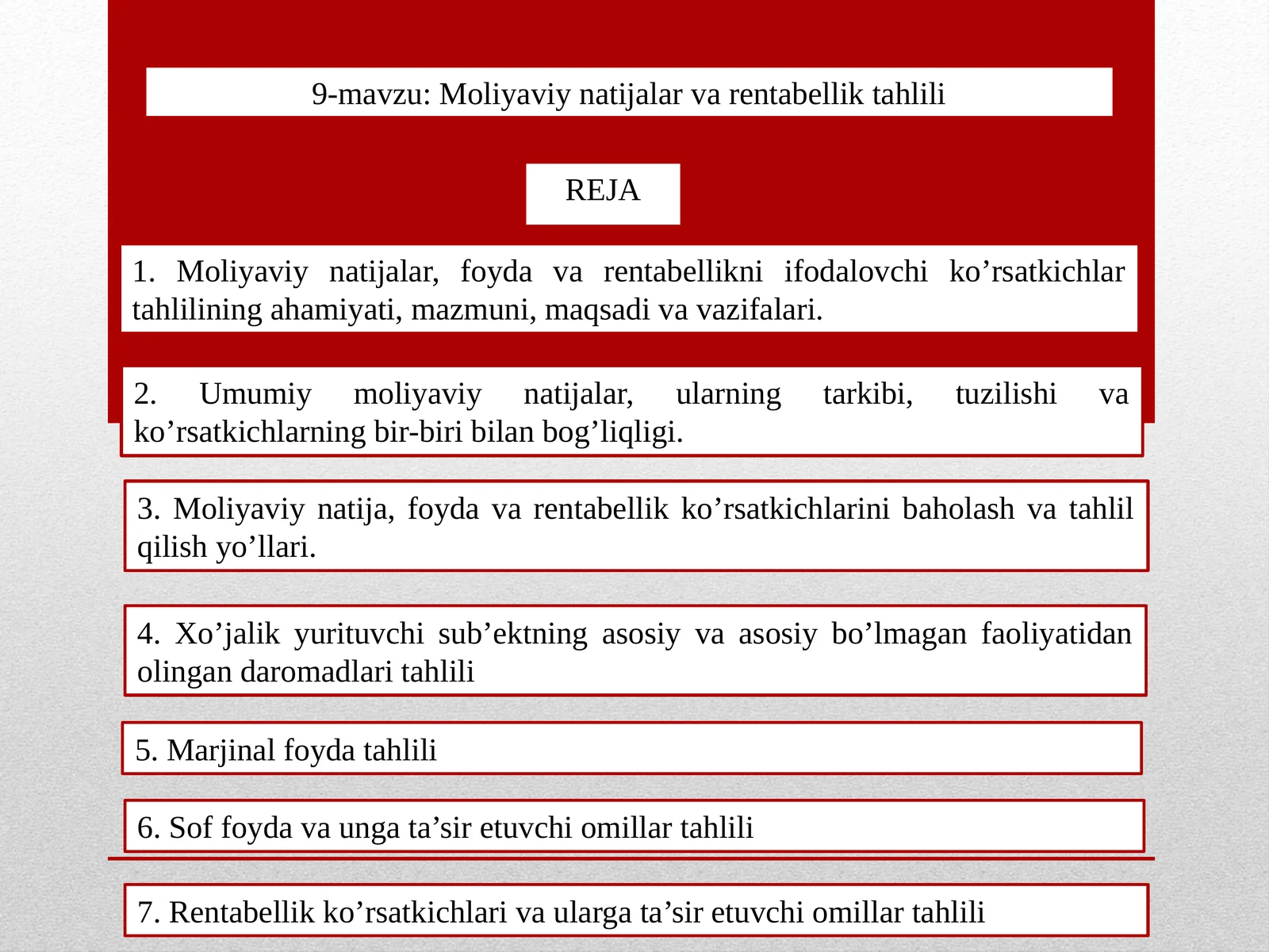 9-mavzu: Moliyaviy natijalar va rentabellik tahlili