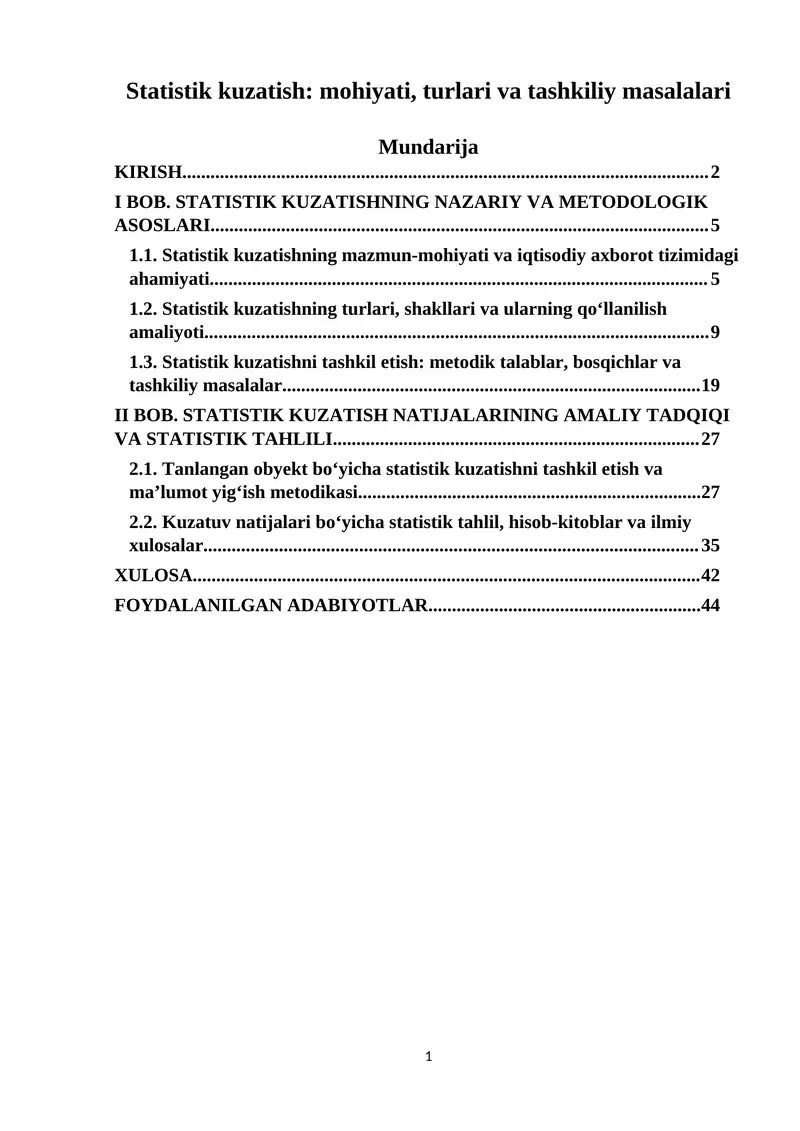 Statistik kuzatish; mohiyati, turlari va tashkiliy masalalari