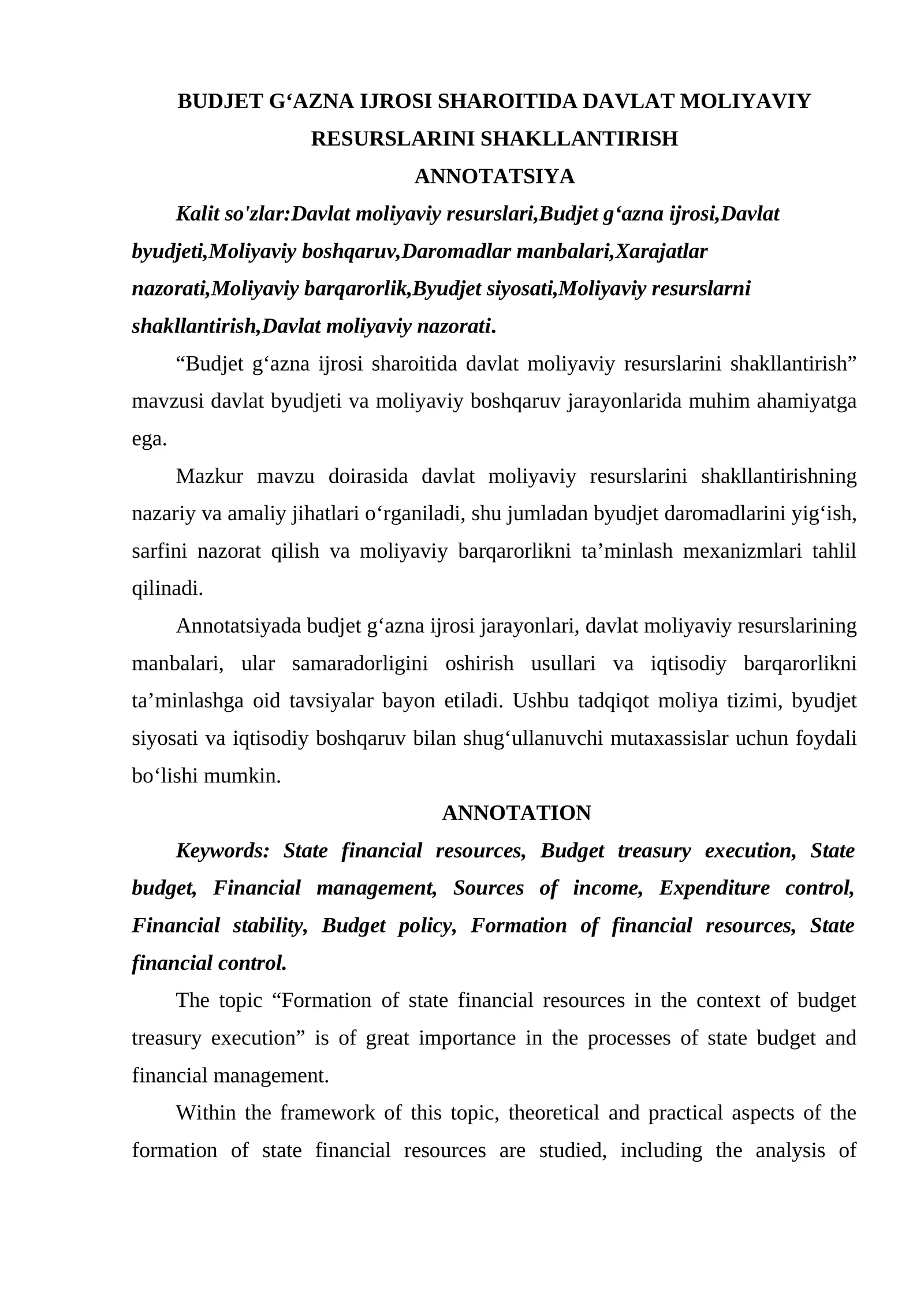 BUDJET GʻAZNA IJROSI SHAROITIDA DAVLAT MOLIYAVIY RESURSLARINI SHAKLLANTIRISH