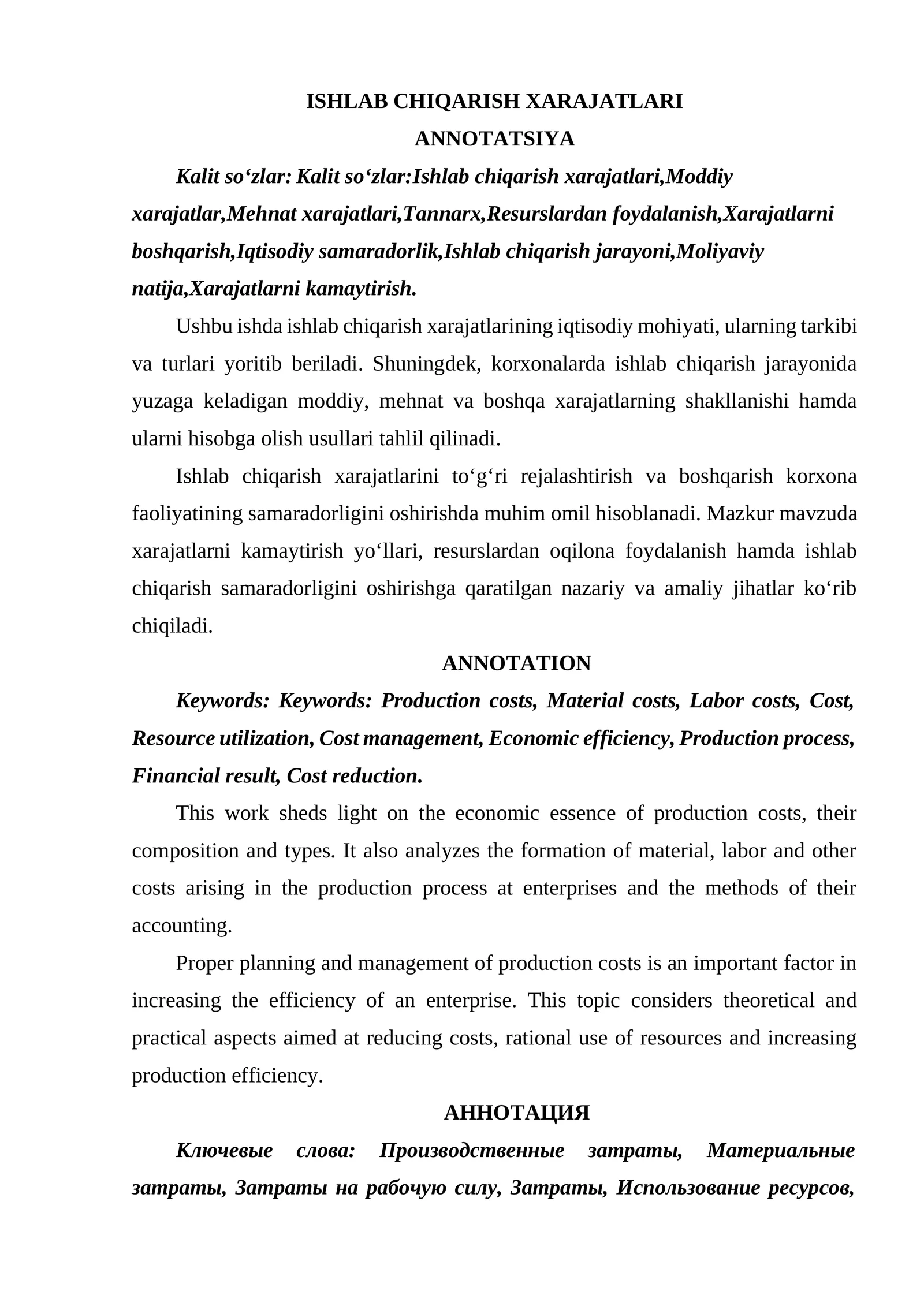 ISHLAB CHIQARISH XARAJATLARI